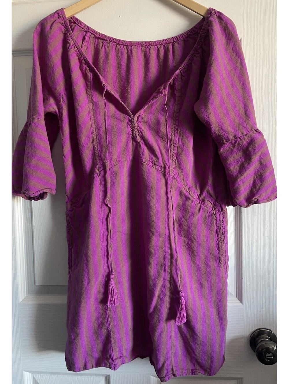 Free People Folk Town Linen Mini Dress Purple Brown Stripe Pockets XS S